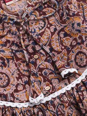 Girl's summer cotton dress - red kalamkari block print dress with band collar for casual wear (size 22-30) 3