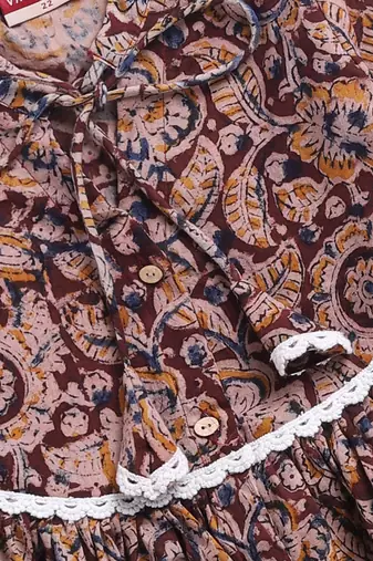 Girl's summer cotton dress - red kalamkari block print dress with band collar for casual wear (size 22-30)