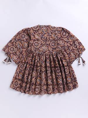 Girl's summer cotton dress - red kalamkari block print dress with band collar for casual wear (size 22-30) 4