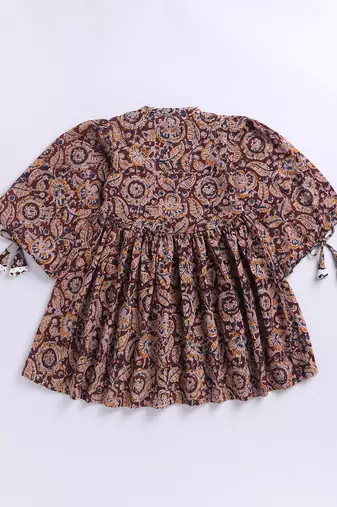 Girl's summer cotton dress - red kalamkari block print dress with band collar for casual wear (size 22-30)
