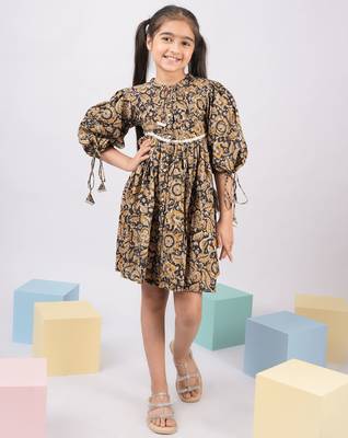 Girl's summer cotton dress - black kalamkari block print dress with band collar for casual wear (size 22-30) 1