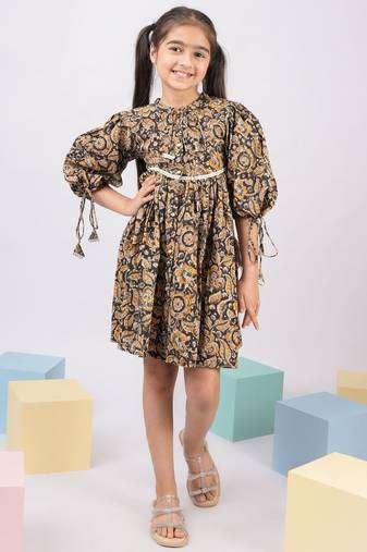 Girl's summer cotton dress - black kalamkari block print dress with band collar for casual wear (size 22-30)
