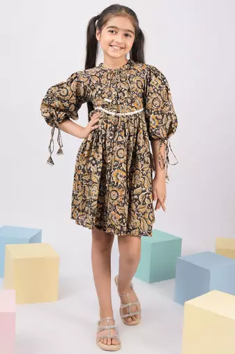 Girl's summer cotton dress - black kalamkari block print dress with band collar for casual wear (size 22-30)