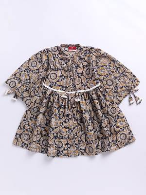 Girl's summer cotton dress - black kalamkari block print dress with band collar for casual wear (size 22-30) 2