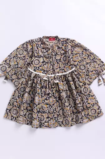Girl's summer cotton dress - black kalamkari block print dress with band collar for casual wear (size 22-30)