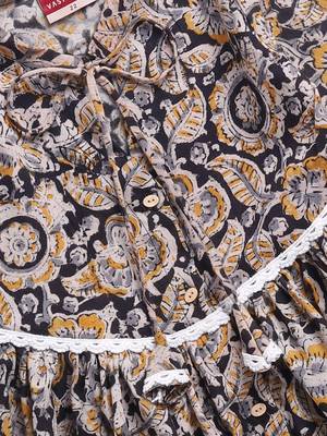 Girl's summer cotton dress - black kalamkari block print dress with band collar for casual wear (size 22-30) 3