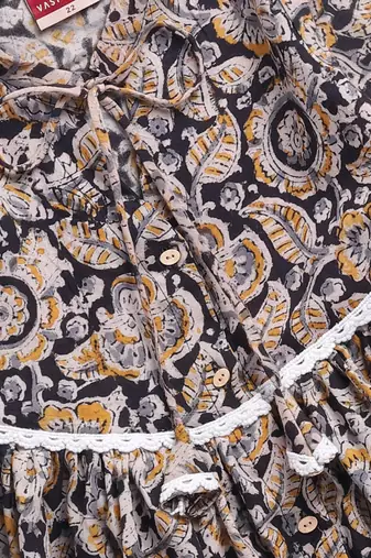 Girl's summer cotton dress - black kalamkari block print dress with band collar for casual wear (size 22-30)