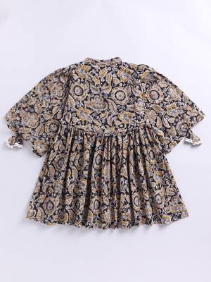 Girl's summer cotton dress - black kalamkari block print dress with band collar for casual wear (size 22-30) 4