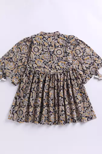Girl's summer cotton dress - black kalamkari block print dress with band collar for casual wear (size 22-30)