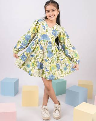 Girl's blue floral cotton dress - summer casual wear with v-neck & bishop sleeves (ages 2-8) 1