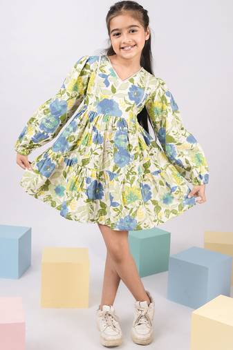 Girl's blue floral cotton dress - summer casual wear with v-neck & bishop sleeves (ages 2-8)