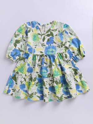 Girl's blue floral cotton dress - summer casual wear with v-neck & bishop sleeves (ages 2-8) 2