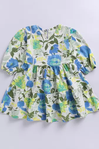 Girl's blue floral cotton dress - summer casual wear with v-neck & bishop sleeves (ages 2-8)