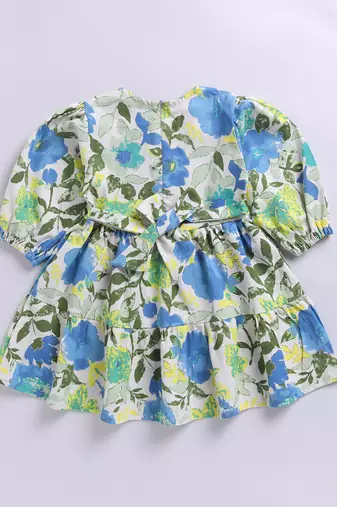 Girl's blue floral cotton dress - summer casual wear with v-neck & bishop sleeves (ages 2-8)