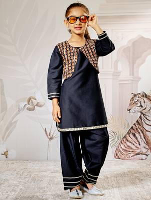 Girl's black viscose kurta patiala set - traditional raksha bandhan outfit self design festive wear eid collection 1