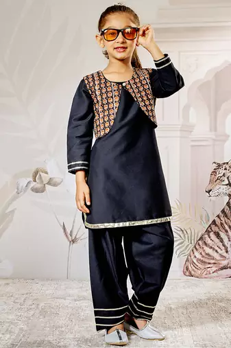 Girl's black viscose kurta patiala set - traditional raksha bandhan outfit self design festive wear eid collection