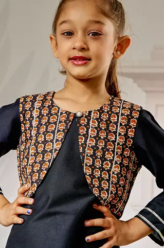 Girl's black viscose kurta patiala set - traditional raksha bandhan outfit self design festive wear eid collection