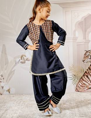 Girl's black viscose kurta patiala set - traditional raksha bandhan outfit self design festive wear eid collection 3