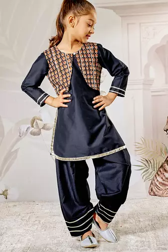 Girl's black viscose kurta patiala set - traditional raksha bandhan outfit self design festive wear eid collection