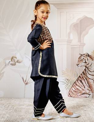 Girl's black viscose kurta patiala set - traditional raksha bandhan outfit self design festive wear eid collection 4