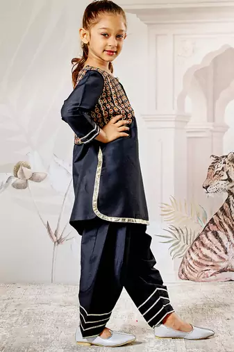 Girl's black viscose kurta patiala set - traditional raksha bandhan outfit self design festive wear eid collection