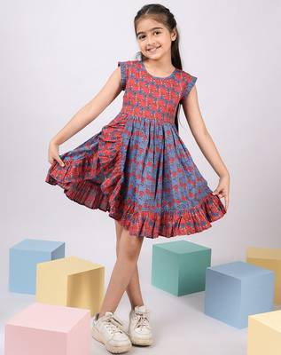 Girl's red kantha work cotton dress - traditional embroidered summer dress with floral print (ages 2-8) 1