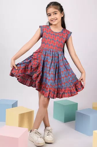 Girl's red kantha work cotton dress - traditional embroidered summer dress with floral print (ages 2-8)