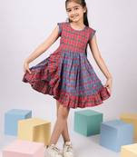 Girl's red kantha work cotton dress - traditional embroidered summer dress with floral print (ages 2-8)