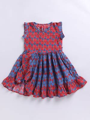 Girl's red kantha work cotton dress - traditional embroidered summer dress with floral print (ages 2-8) 2