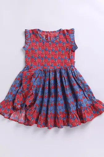 Girl's red kantha work cotton dress - traditional embroidered summer dress with floral print (ages 2-8)