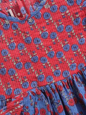 Girl's red kantha work cotton dress - traditional embroidered summer dress with floral print (ages 2-8) 3