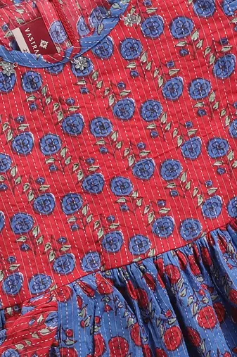 Girl's red kantha work cotton dress - traditional embroidered summer dress with floral print (ages 2-8)