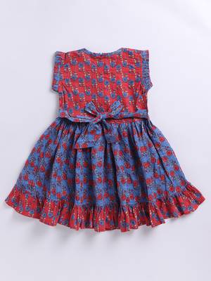 Girl's red kantha work cotton dress - traditional embroidered summer dress with floral print (ages 2-8) 4