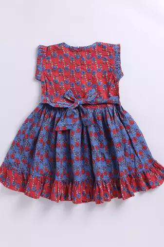 Girl's red kantha work cotton dress - traditional embroidered summer dress with floral print (ages 2-8)