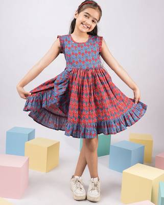 Girl's blue kantha work cotton dress - traditional embroidered summer dress with floral print (ages 2-8) 1
