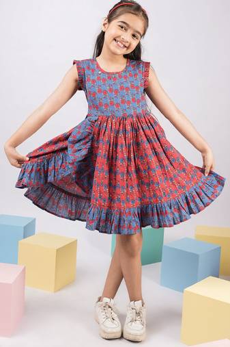 Girl's blue kantha work cotton dress - traditional embroidered summer dress with floral print (ages 2-8)
