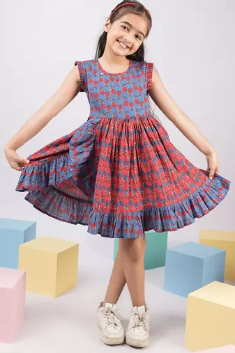 Girl's blue kantha work cotton dress - traditional embroidered summer dress with floral print (ages 2-8)