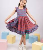 Girl's blue kantha work cotton dress - traditional embroidered summer dress with floral print (ages 2-8)