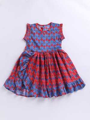 Girl's blue kantha work cotton dress - traditional embroidered summer dress with floral print (ages 2-8) 2