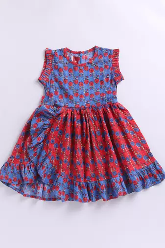 Girl's blue kantha work cotton dress - traditional embroidered summer dress with floral print (ages 2-8)