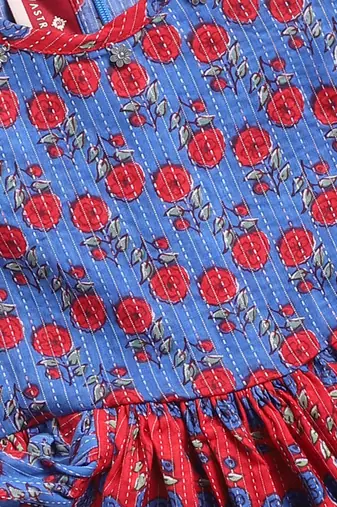 Girl's blue kantha work cotton dress - traditional embroidered summer dress with floral print (ages 2-8)