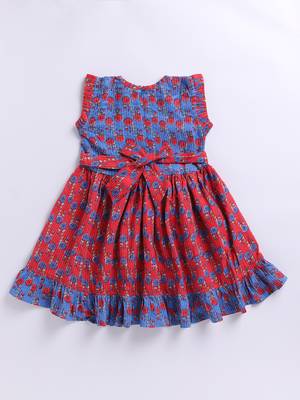 Girl's blue kantha work cotton dress - traditional embroidered summer dress with floral print (ages 2-8) 4