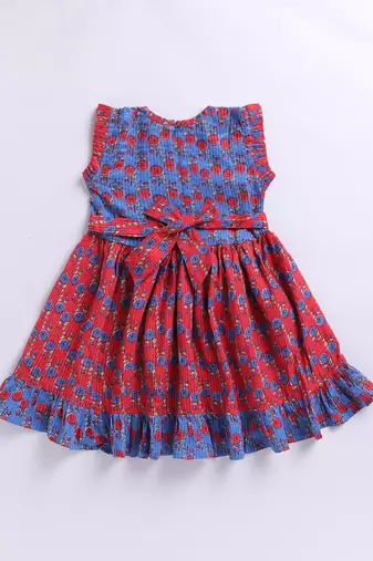 Girl's blue kantha work cotton dress - traditional embroidered summer dress with floral print (ages 2-8)