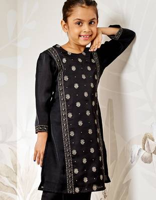 Girl's black silk kurta - ethnic motif foil print traditional raksha bandhan wedding diwali festive wear (22-30) 1