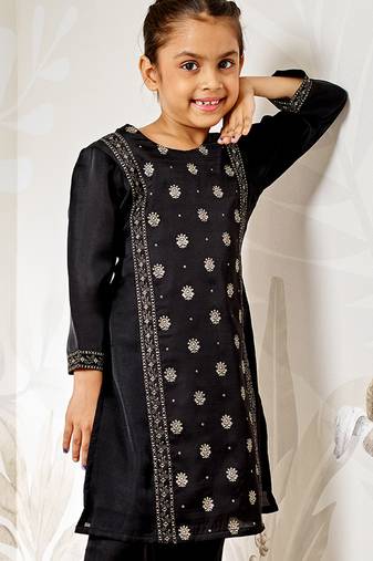 Girl's black silk kurta - ethnic motif foil print traditional raksha bandhan wedding diwali festive wear (22-30)