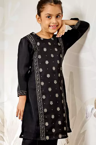 Girl's black silk kurta - ethnic motif foil print traditional raksha bandhan wedding diwali festive wear (22-30)