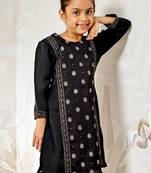 Girl's black silk kurta - ethnic motif foil print traditional raksha bandhan wedding diwali festive wear (22-30)