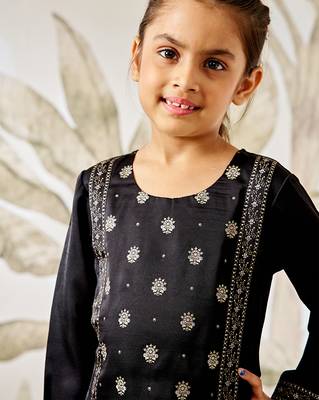 Girl's black silk kurta - ethnic motif foil print traditional raksha bandhan wedding diwali festive wear (22-30) 2