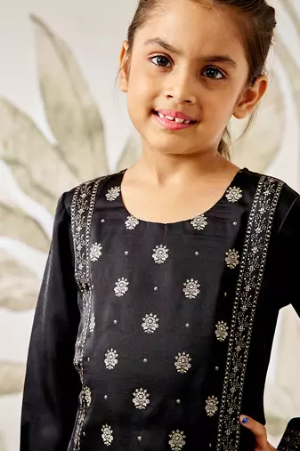 Girl's black silk kurta - ethnic motif foil print traditional raksha bandhan wedding diwali festive wear (22-30)