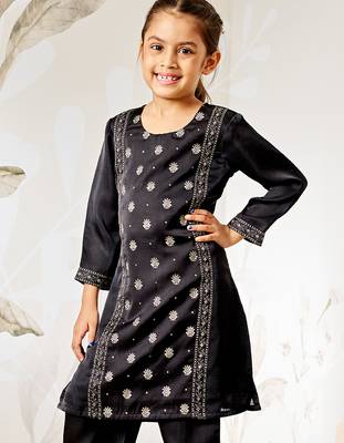 Girl's black silk kurta - ethnic motif foil print traditional raksha bandhan wedding diwali festive wear (22-30) 3